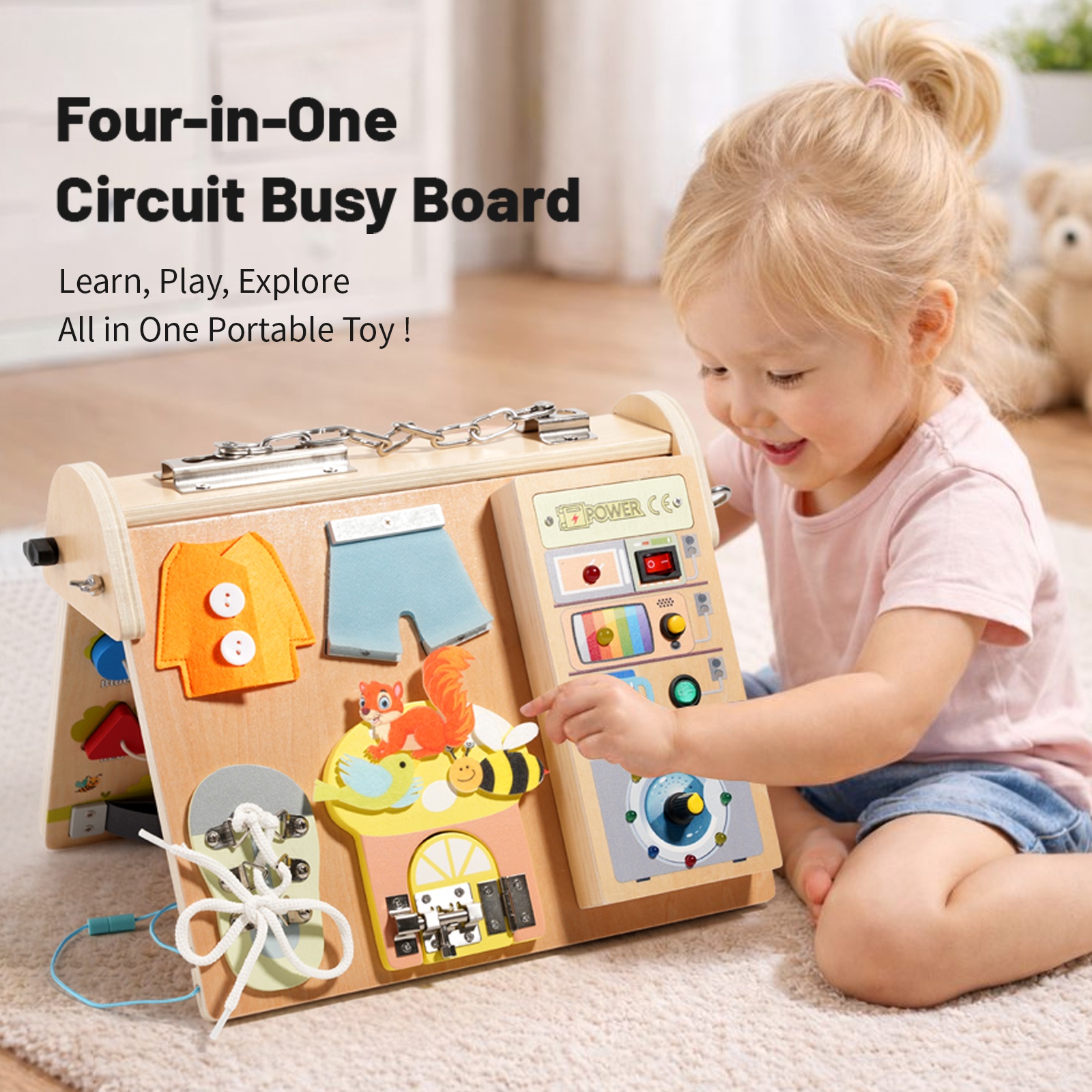 Board Game For Kids - Wooden 4-in-1 Busy Board with LED